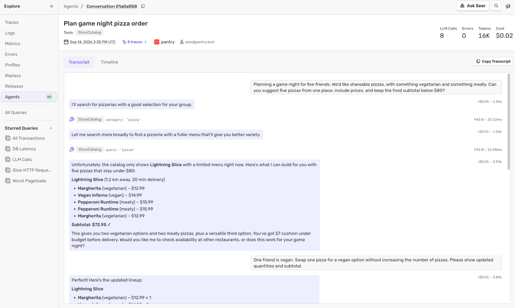 Sentry conversation transcript showing agent messages, tool calls, and user interactions