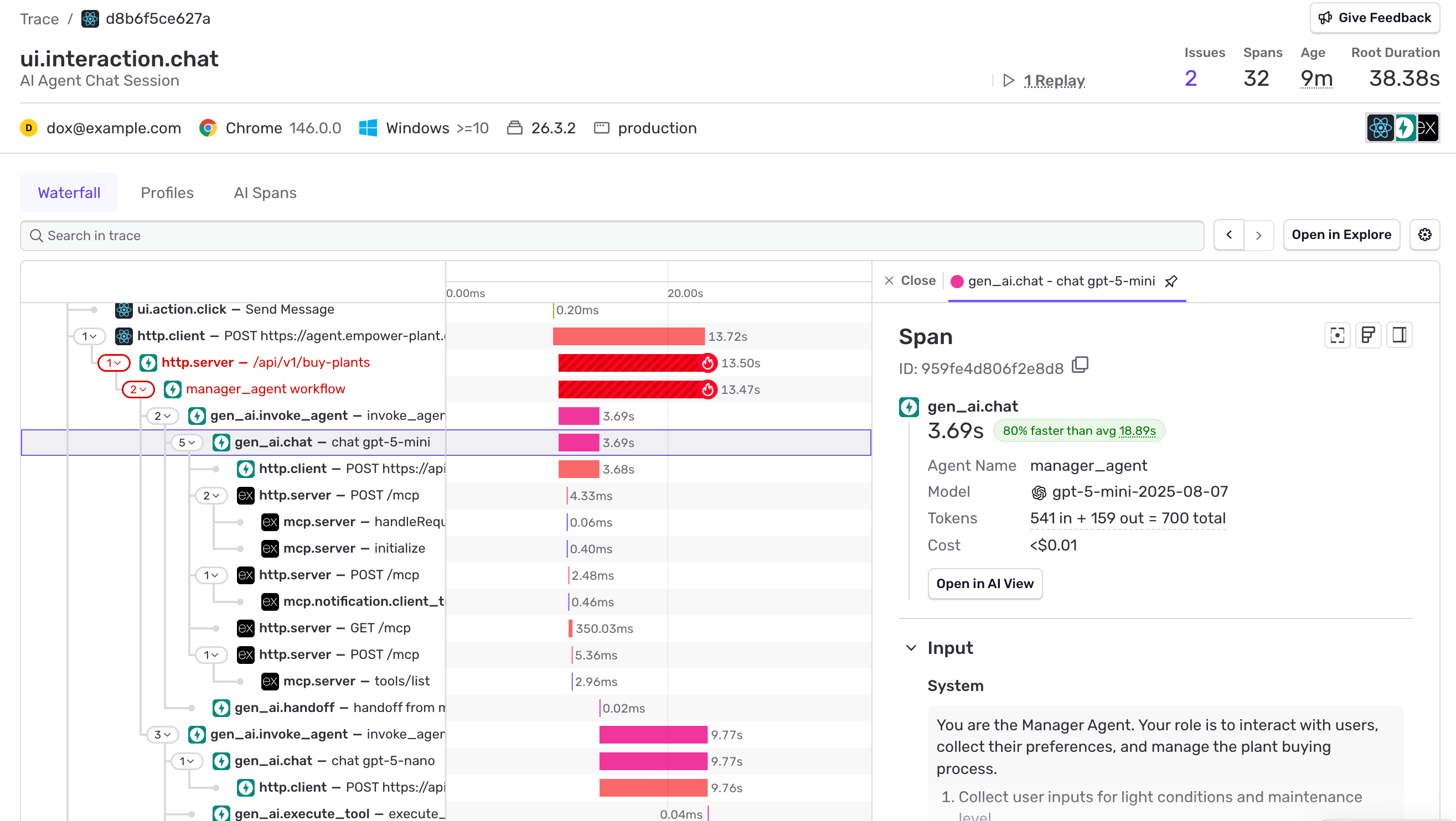 Distributed trace showing full agent workflow