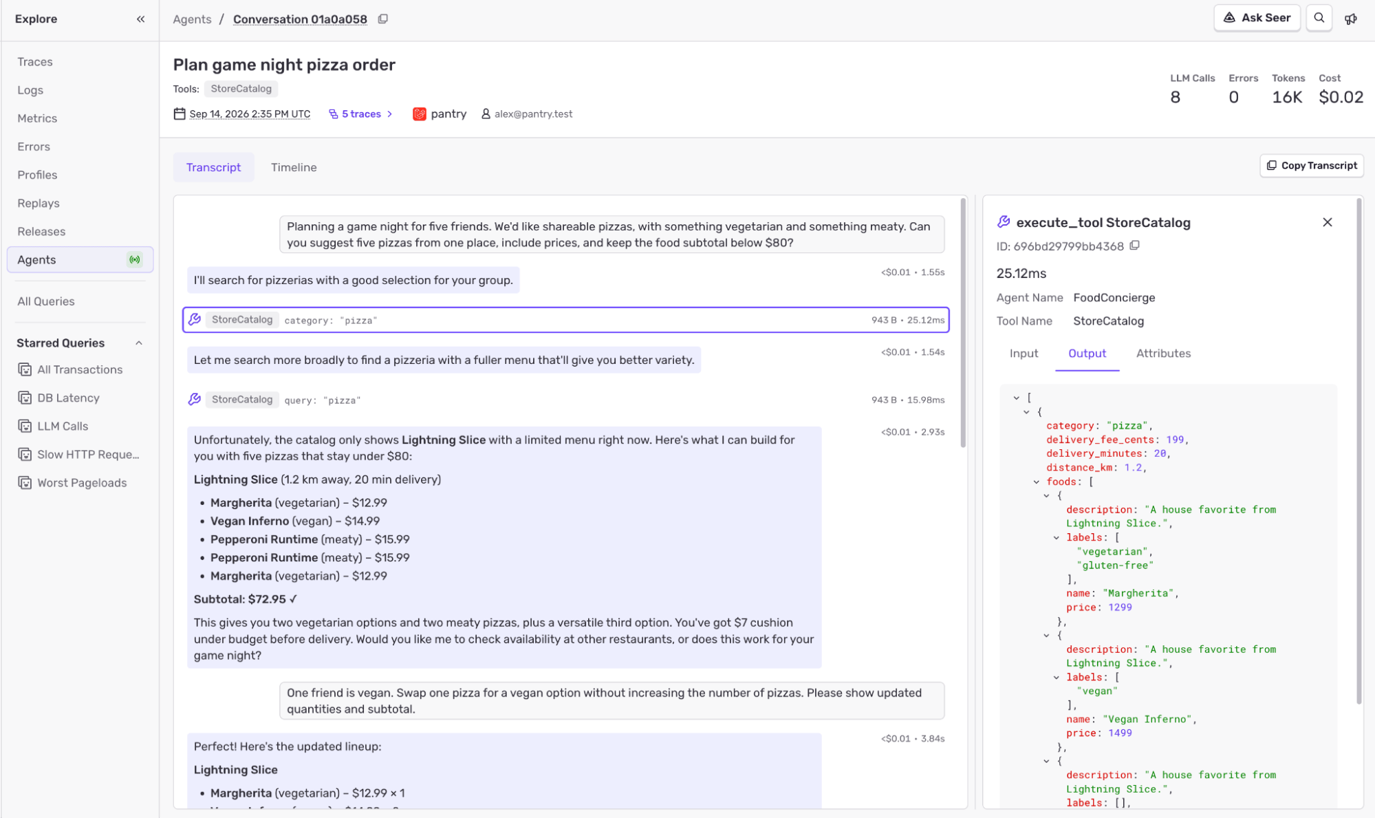 Sentry conversation view with tool call detail panel showing StoreCatalog input and output data