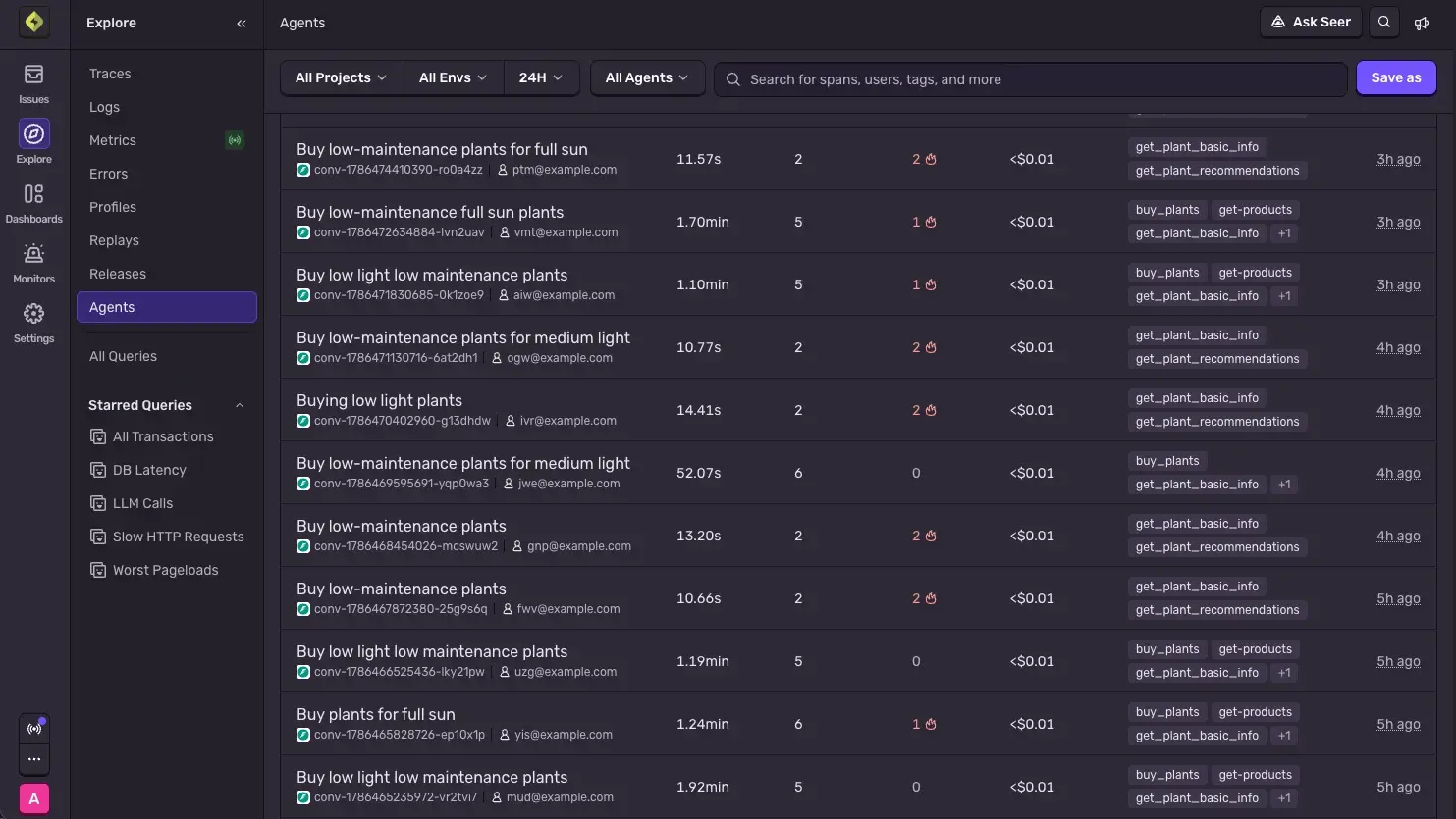 Sentry Agents conversation list showing duration, message count, tool errors, cost, and tools called per conversation
