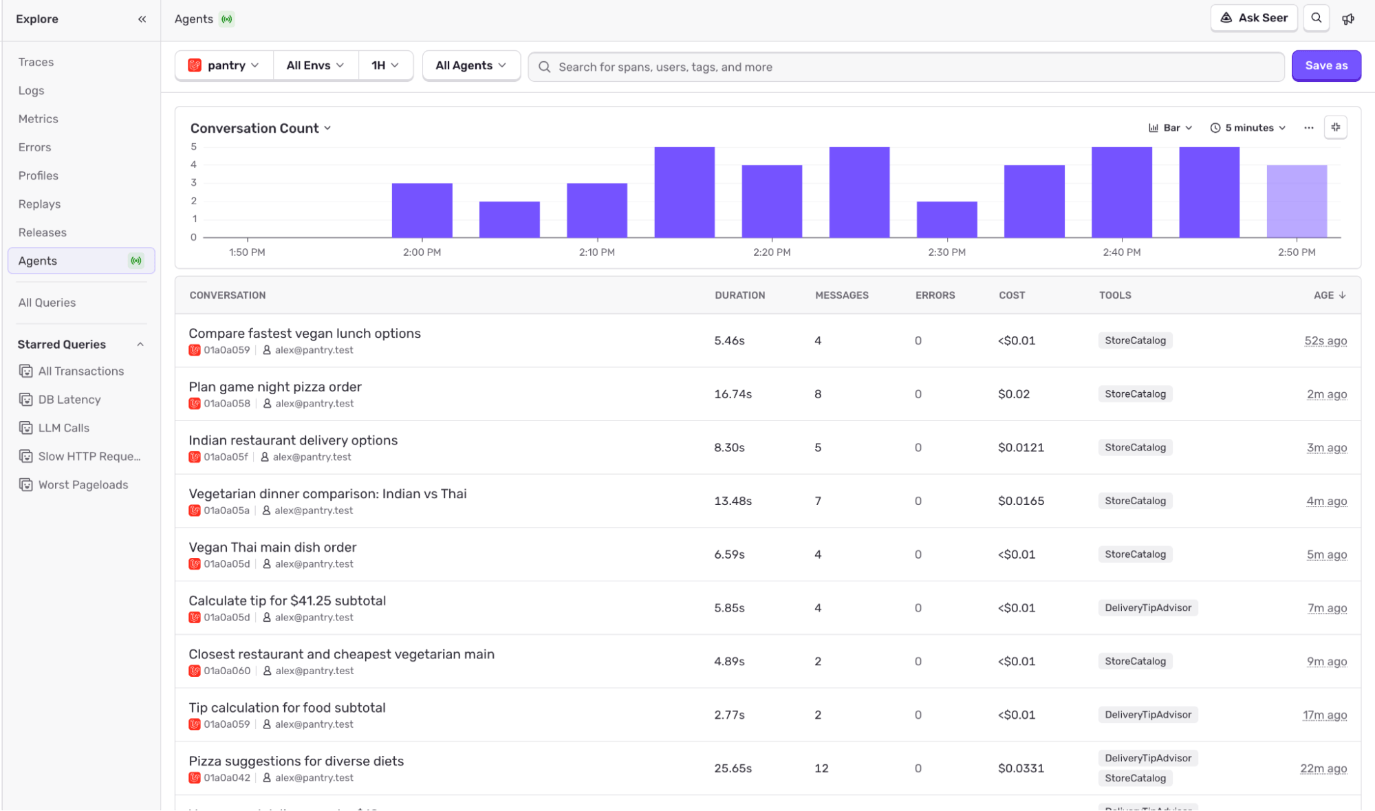 Sentry Explore Agents view listing conversations with duration, messages, errors, cost, and tools columns