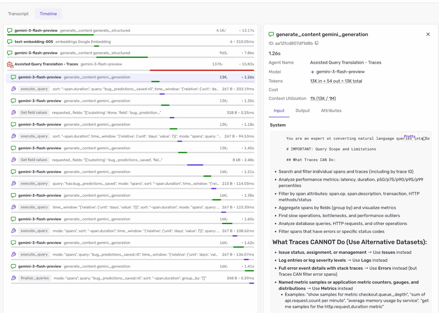 Sentry AI Conversation detail panel showing the Assisted Query Translation agent's system prompt for what Traces can and cannot do