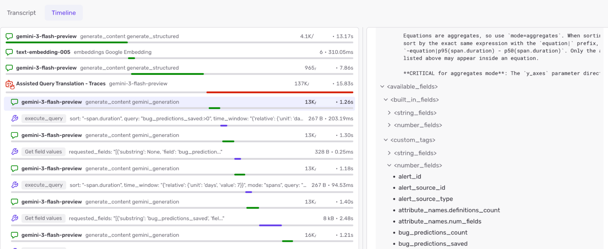 Sentry AI Conversation timeline showing execute_query tool calls next to the available custom tag fields in the system prompt