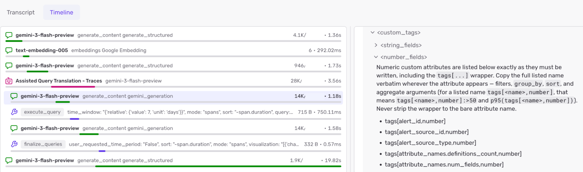 Sentry AI Conversation timeline with model and tool calls, and a system prompt panel listing numeric custom tag fields