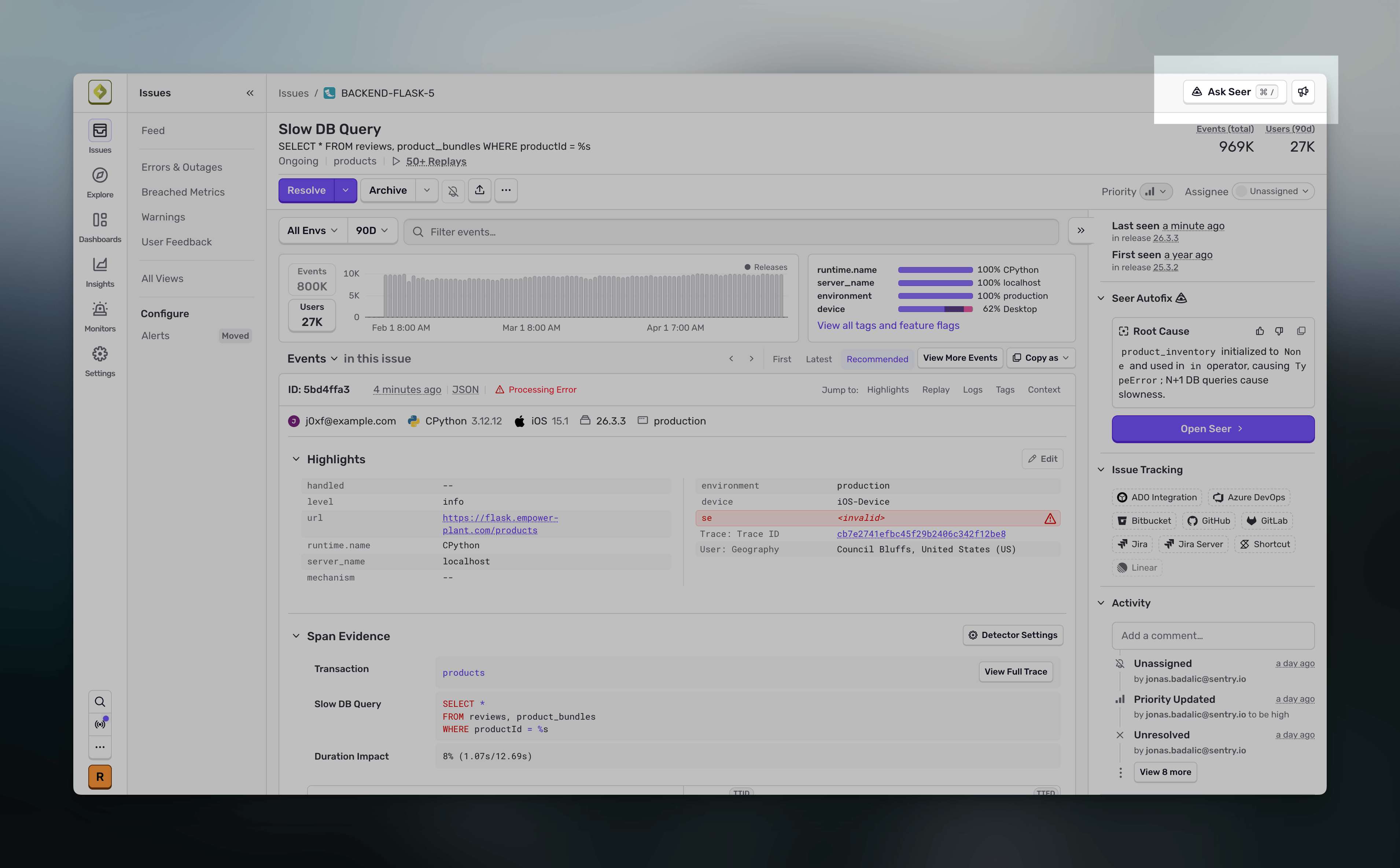 Sentry issue detail page with the 'Ask Seer' button highlighted in the top-right corner