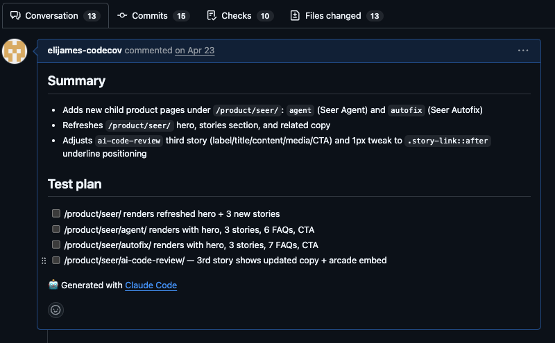 GitHub pull request generated by Claude Code showing a summary, test plan checklist, and 15 commits across 13 files