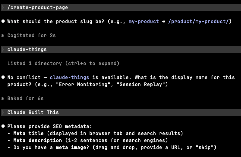 Claude Code skill guiding a user through product page creation with prompts for slug, display name, and SEO metadata