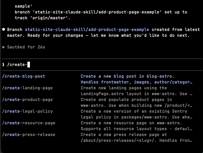 Claude Code terminal showing a list of content creation skills including create-blog-post, create-landing-page, and create-product-page