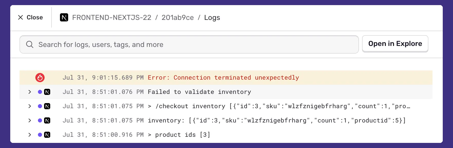 Sentry issue logs panel showing an error event inline among surrounding log lines with connection and validation messages