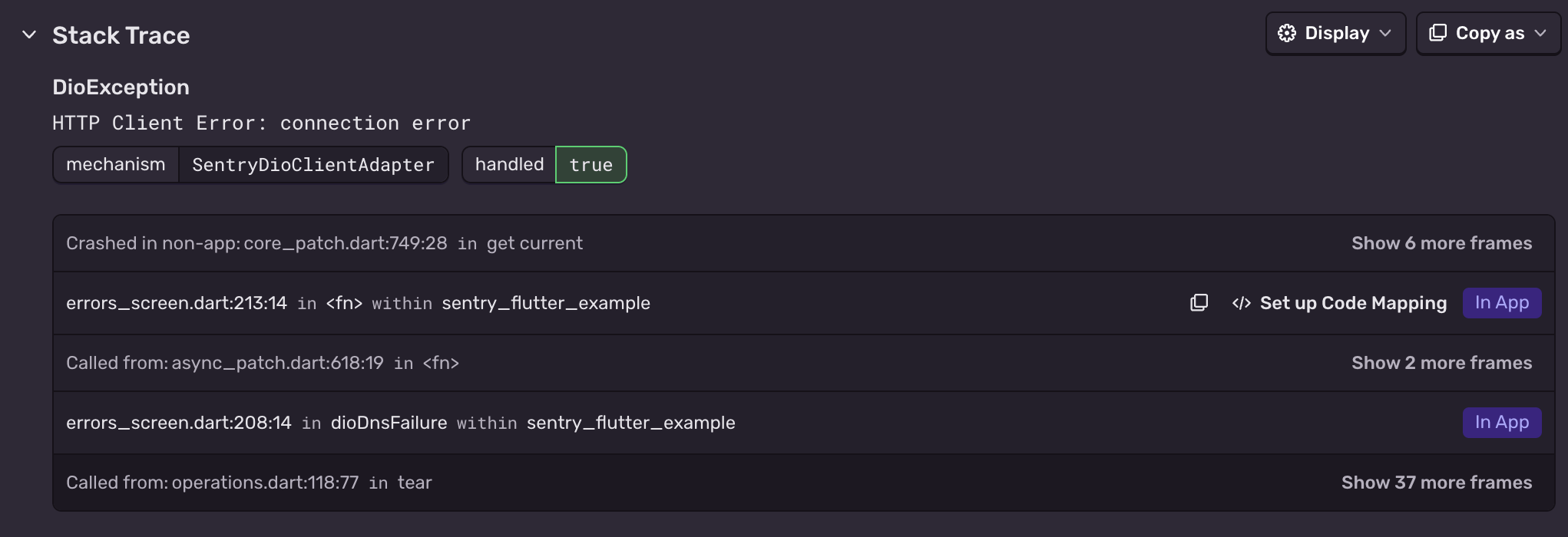 Sentry issue detail showing a captured DioException HTTP connection error via SentryDioClientAdapter with stack frames from the Flutter app