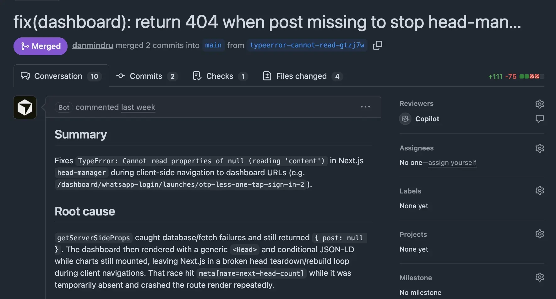 GitHub pull request showing an automated bot summary with root cause analysis for a Next.js head-manager crash