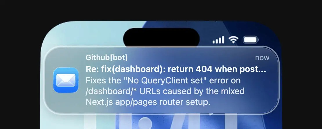 iPhone notification from GitHub bot showing an automated pull request for a dashboard bug fix