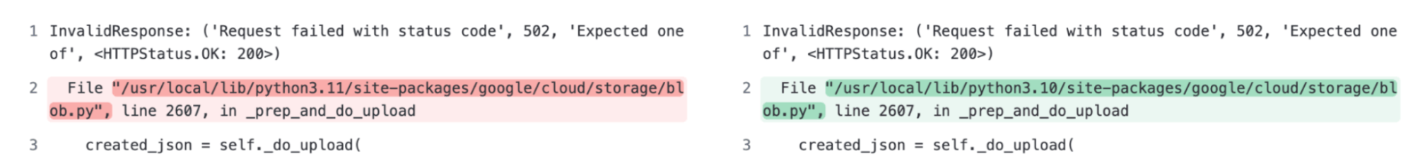 Side-by-side diff showing two similar error stack traces grouped into separate issues unnecessarily