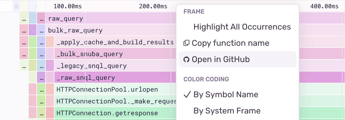 Link from functions in flamechart to code in Github