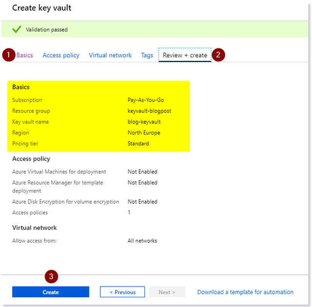 Steps in the Azure portal to create your Key Vault