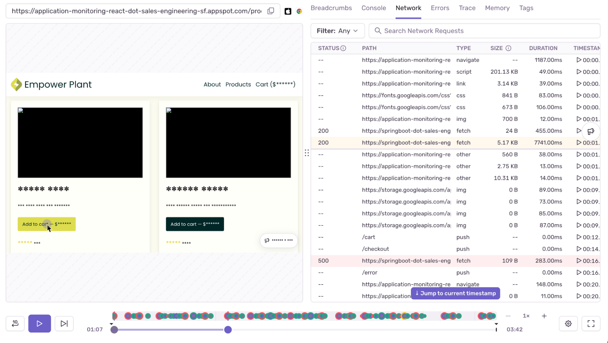 A screenshot of Session Replay in Sentry. On the left-hand side is a view of what the user was seeing, with two blacked-out images, text that is obfuscated, and a couple “Add to cart” buttons. On the right side is a list of breadcrumbs, including “User Click”, “Navigation”, “Error”, Page Load”, and “Web Vital” types. At the bottom are the replay controls and timeline for quick navigation over the entire session.