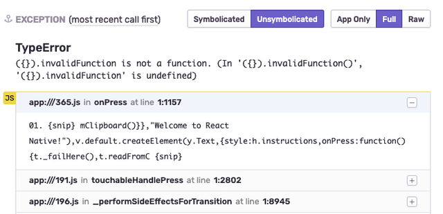 Unsymbolicated stack trace from a React Native app in Sentry