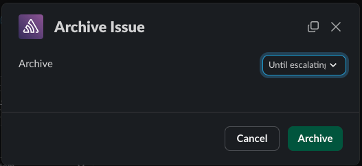 Slack modal for archiving a Sentry issue with "Until escalating" option selected