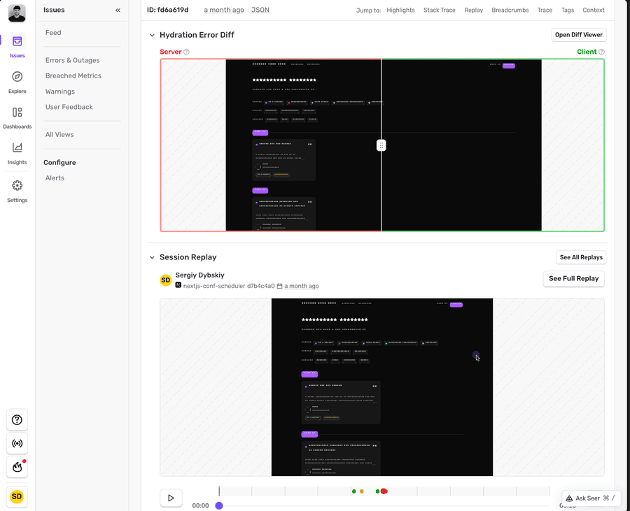 Sentry hydration error diff with Session Replay