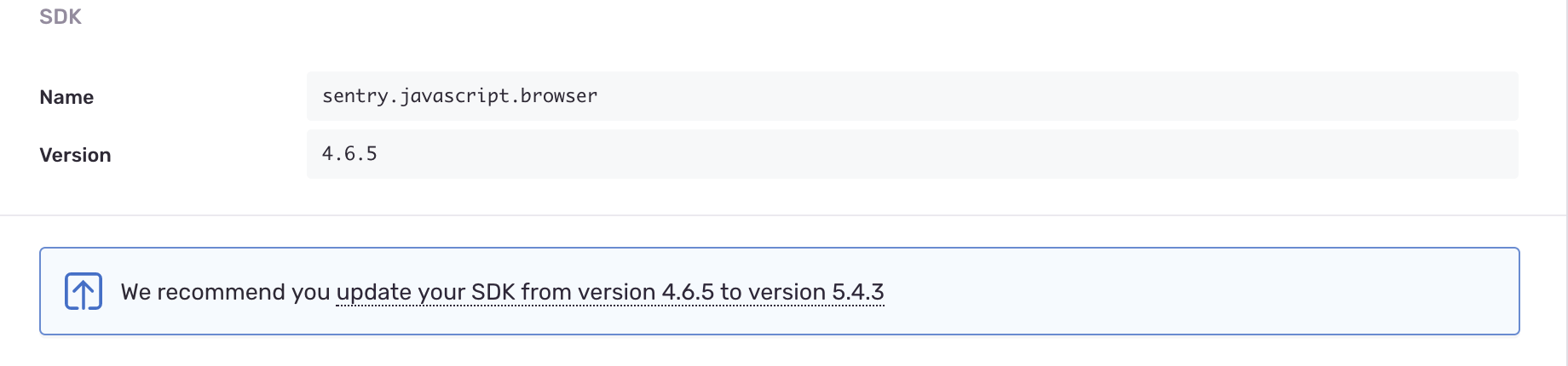 Sentry UI reminder to update outdated SDKs to the new version.
