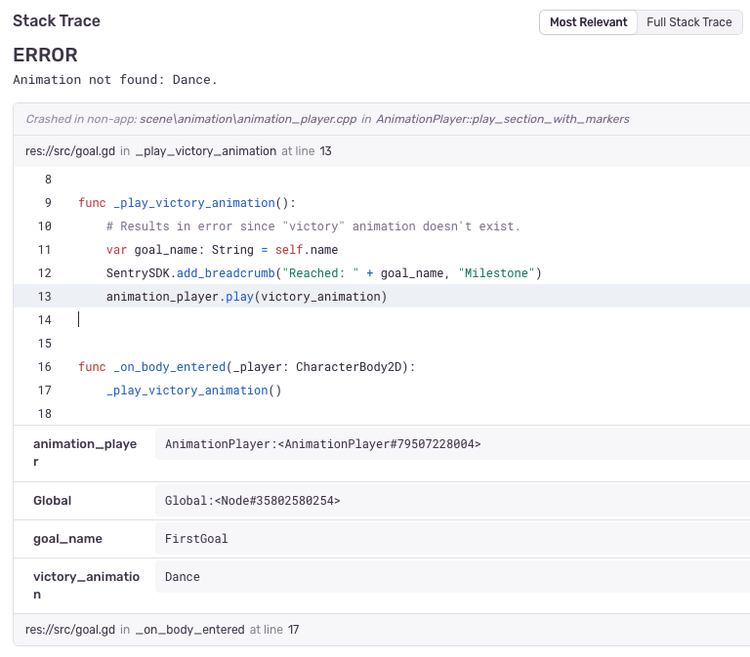Screenshot from Sentry showing the stack trace for the aforementioned error.