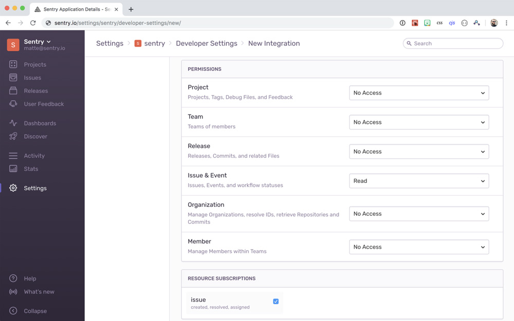 API and webhooks settings