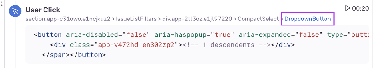 Sentry breadcrumb showing a User Click event with the React DropdownButton component name highlighted
