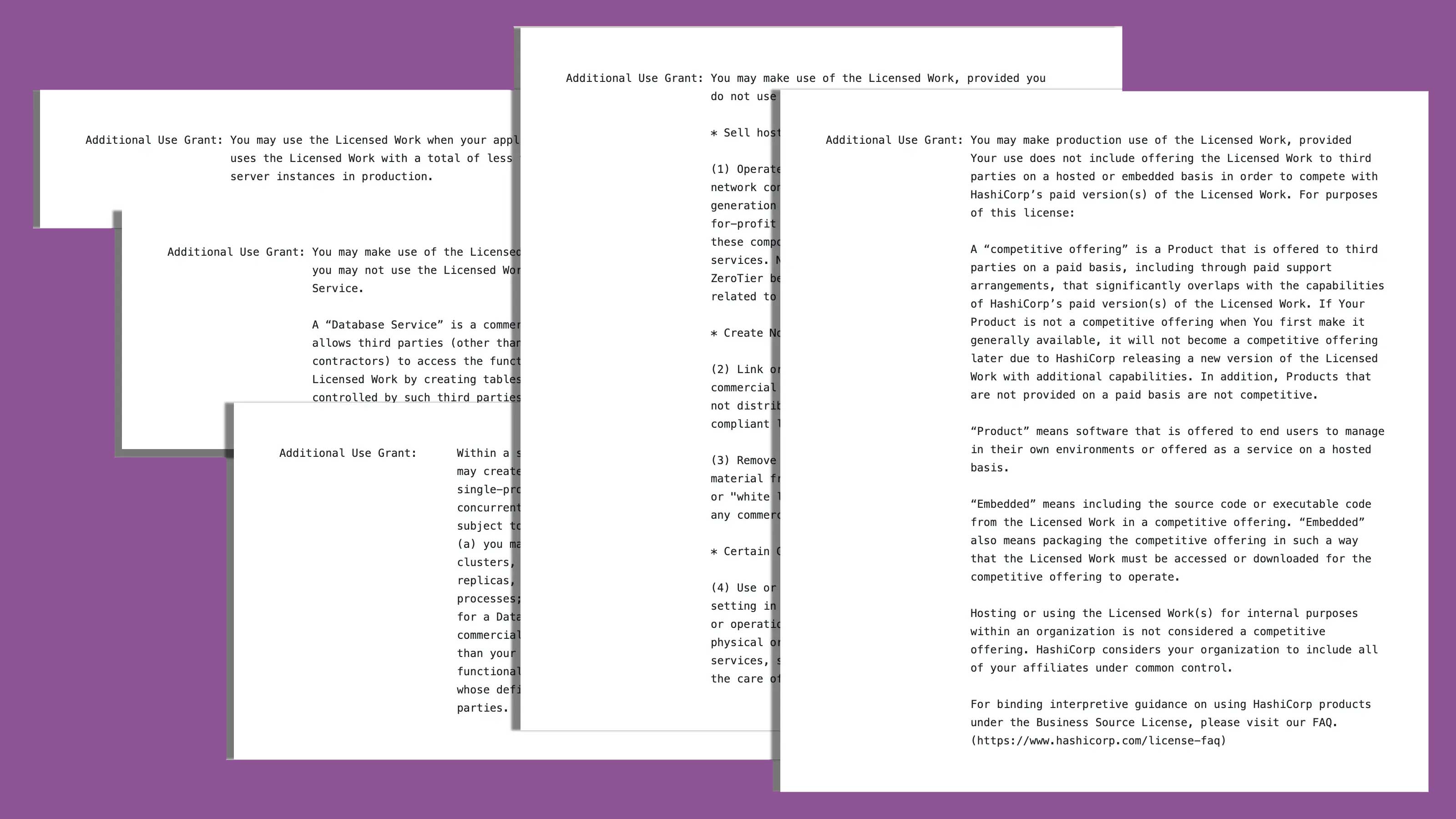Overlapping pages showing varying Additional Use Grant clauses across BSL-licensed projects
