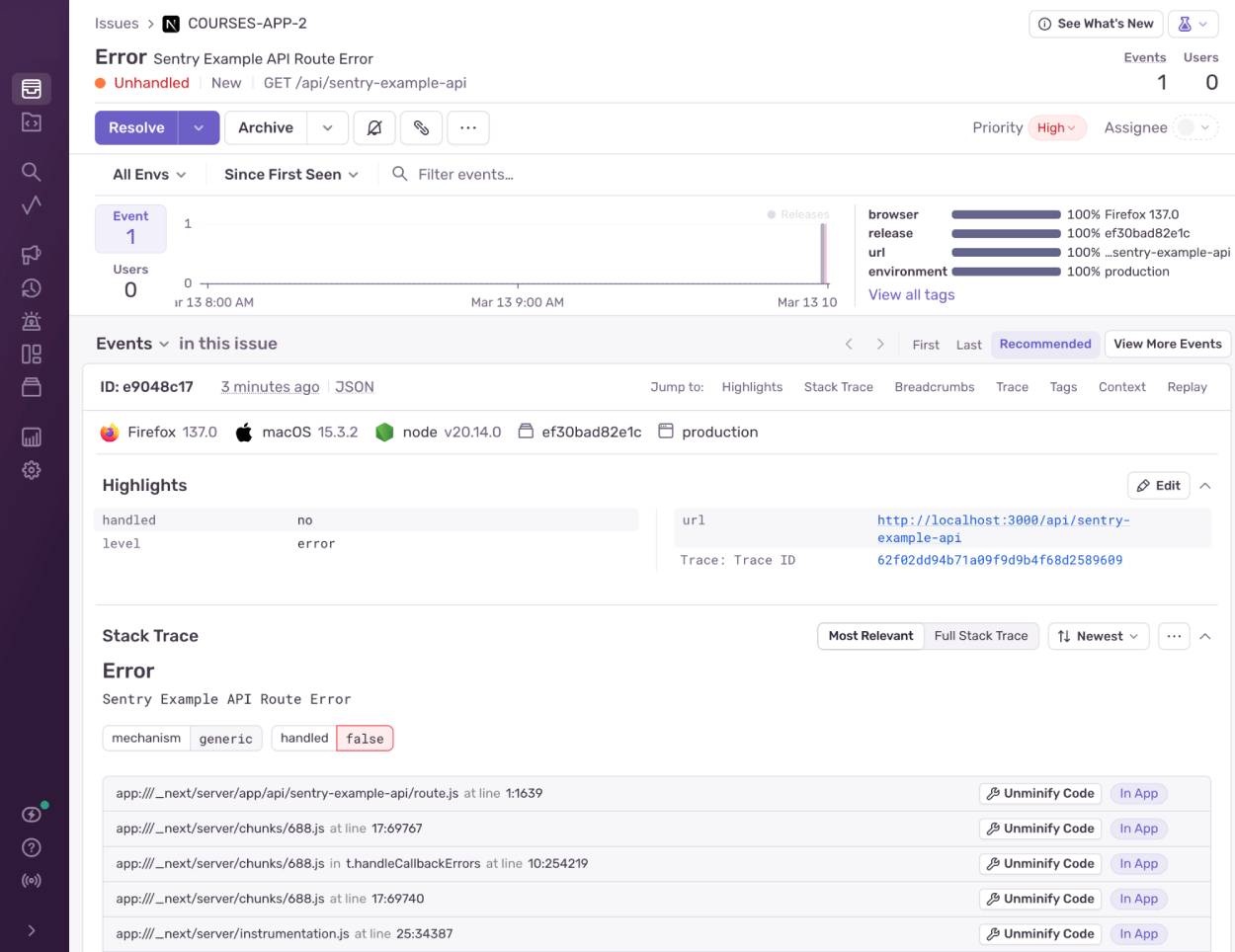 Example of a Sentry error page, showcasing events and stack trace related to the error.