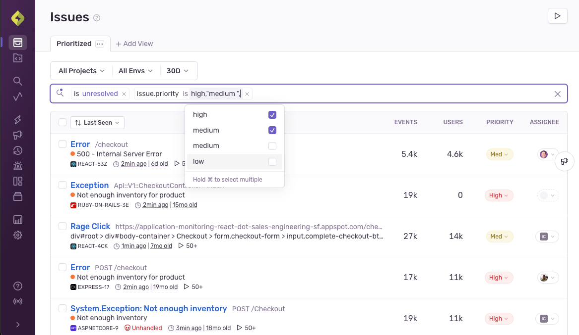 Enhanced issue priority calculations will consider factors such as the error message, whether or not the error is handled, and historical actions taken on similar issues, when determining the priority of an issue for Python or JavaScript projects.