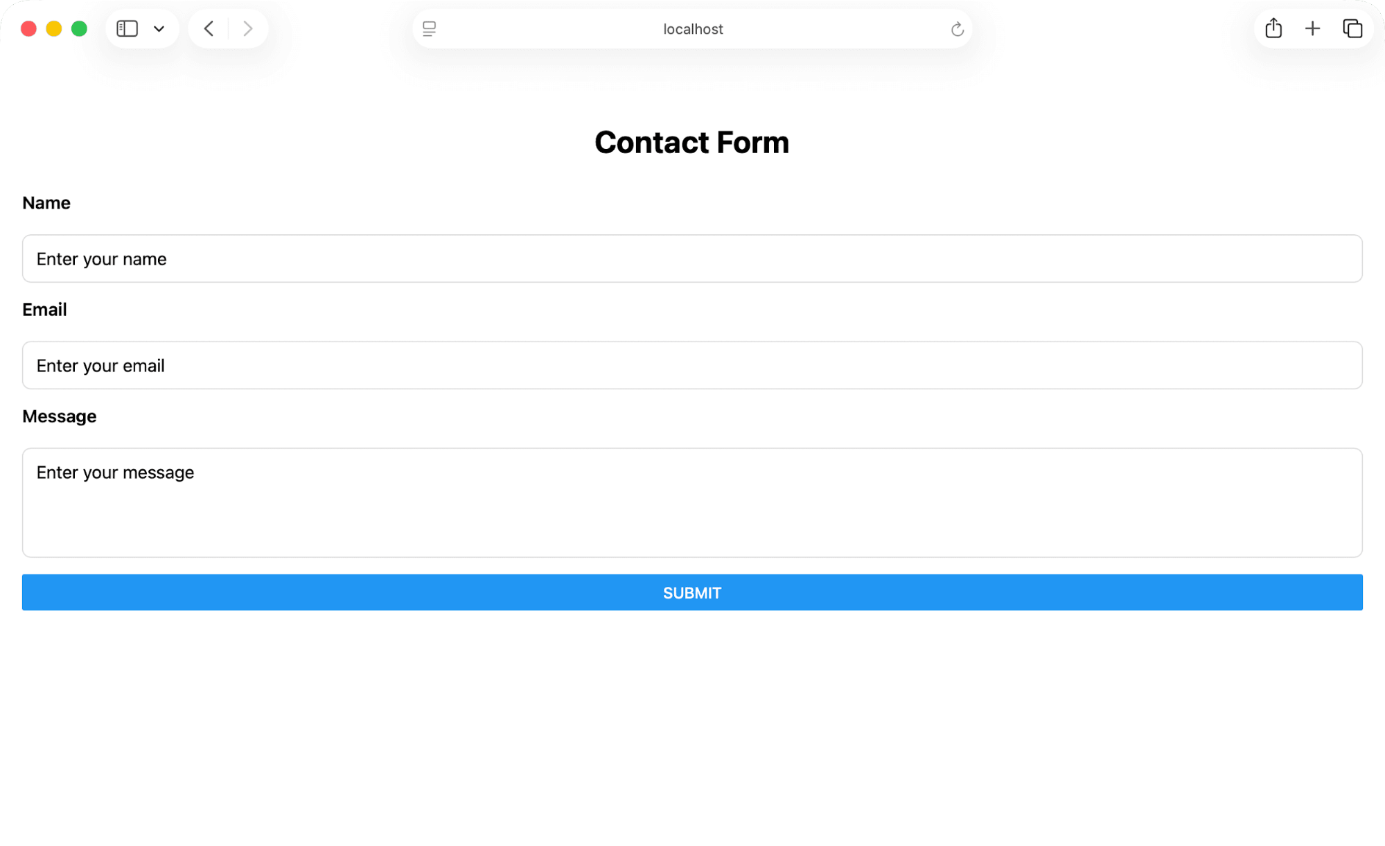 Contact form interface with fields for name, email, and message, and a submit button displayed in a browser window on localhost.