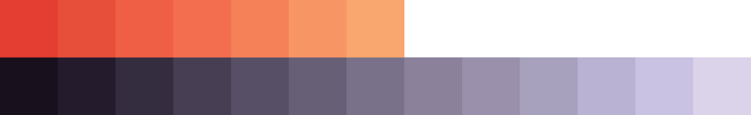 Image of orange and purple color swatches. The swatches go from dark on the left to light on the right.