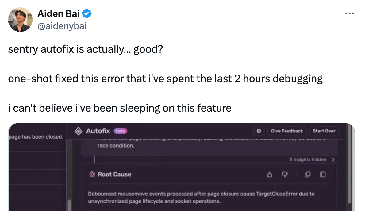 Tweet by Aiden Bai (@aidenybai) says Sentry Autofix worked surprisingly well, fixing a bug instantly that took him 2 hours to debug. Screenshot shows Sentry Autofix (beta) identifying a root cause: mouse events after page closure caused a TargetCloseError due to unsynchronized page and socket operations.