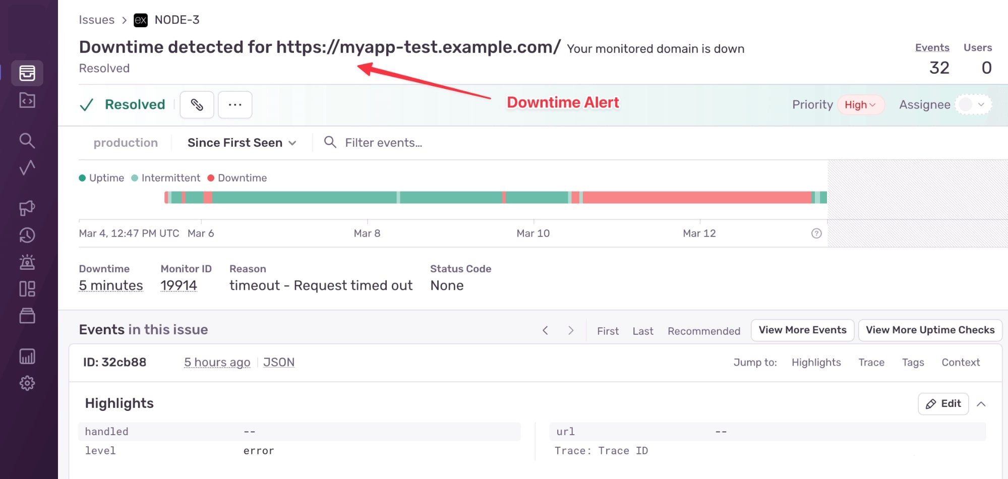 Screenshot from Sentry showcasing the downtime alert, pointing out the "Downtime detected" title.