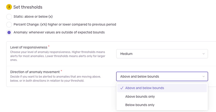 Screenshot showing the creation of a metric-based alert in Sentry using anomaly detection