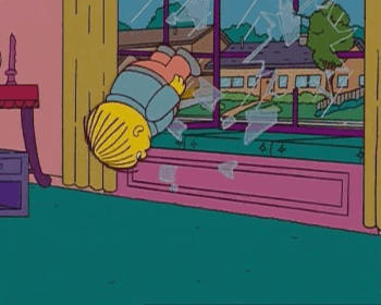 Cartoon child falling headfirst through a broken window into a room, glass shards scattered, with curtains and a suburban street visible outside. 