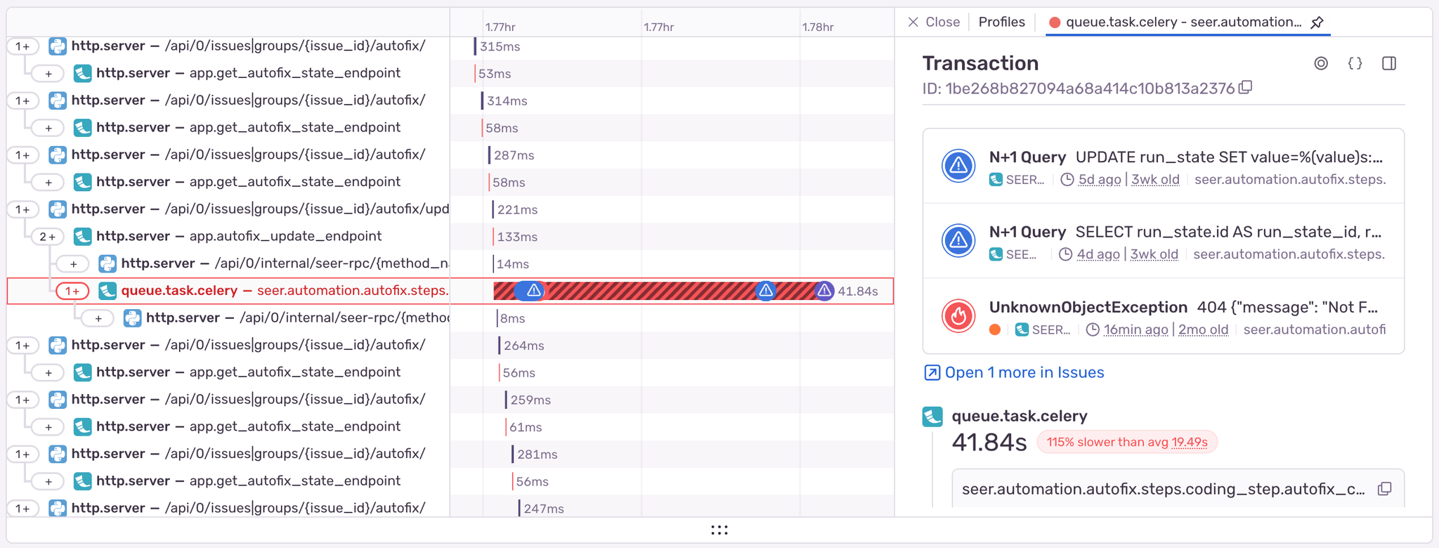 A screenshot of a Sentry performance trace displaying a timeline view of various HTTP server requests and a queue task related to Celery. The trace reveals multiple HTTP server calls to endpoints like /api/0/issues/groups/{issue_id}/autofix/ and /api/0/internal/seer-rpc/. A highlighted queue task (queue.task.celery) shows a performance issue with a duration of 41.84s, marked as 15% slower than avg 19.49s. The right side panel provides additional transaction details, including two N+1 SQL query issues and a 404 UnknownObjectException error. The issue is associated with seer.automation.autofix.steps. The timeline indicates significant latency, with the Celery task taking substantially longer than other operations.