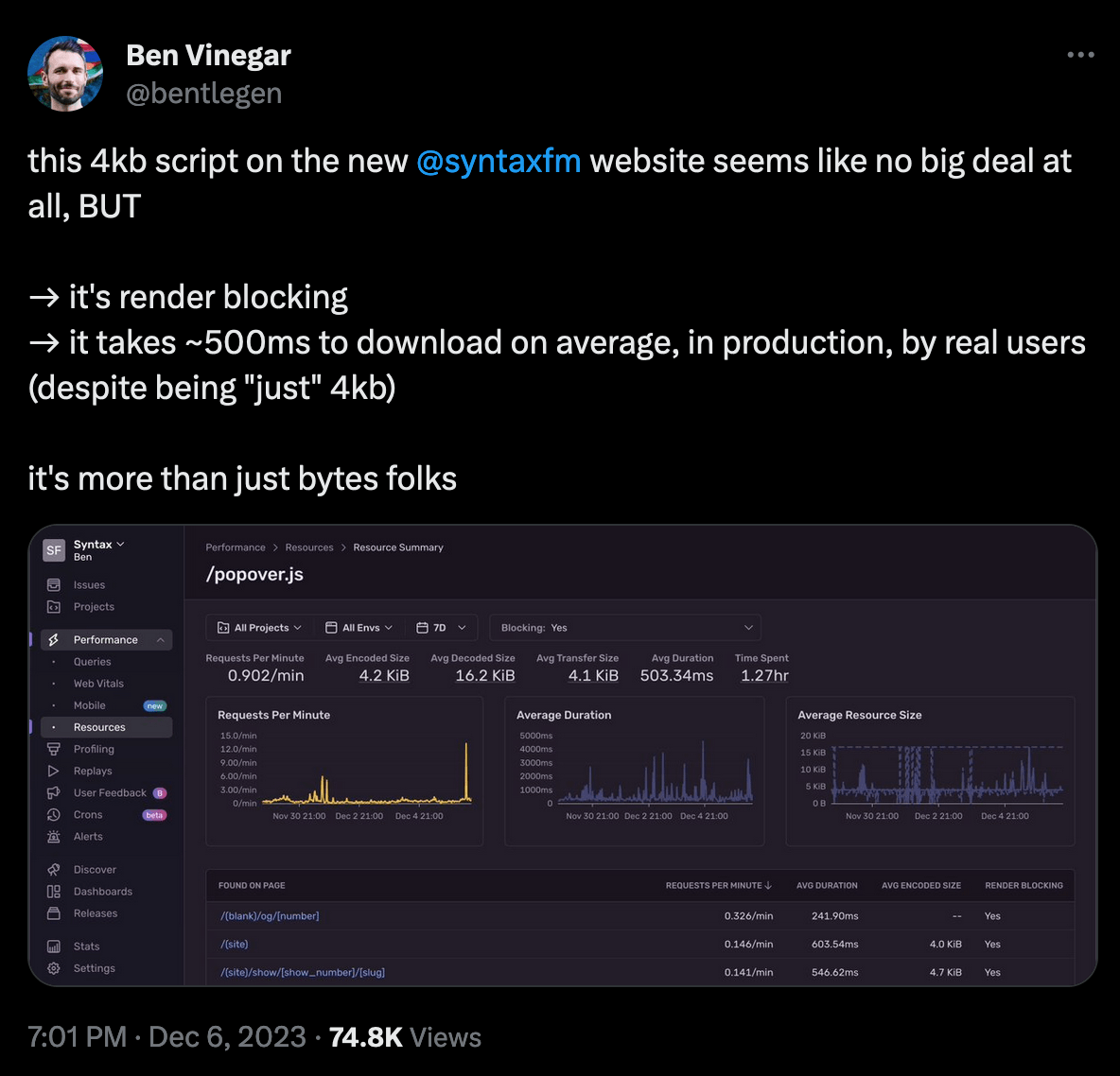 Ben Vinegar tweet about render blocking assets