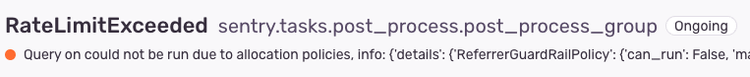 A screenshot of a `RateLimitExceeded` issue on Sentry.
