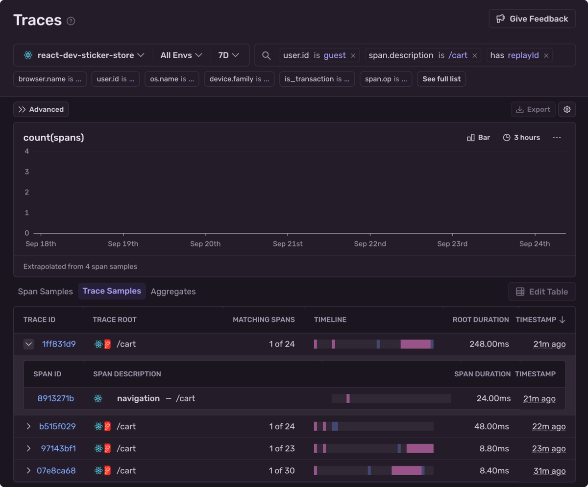 Example of the trace explorer UI in Sentry, showing filters, and related trace samples