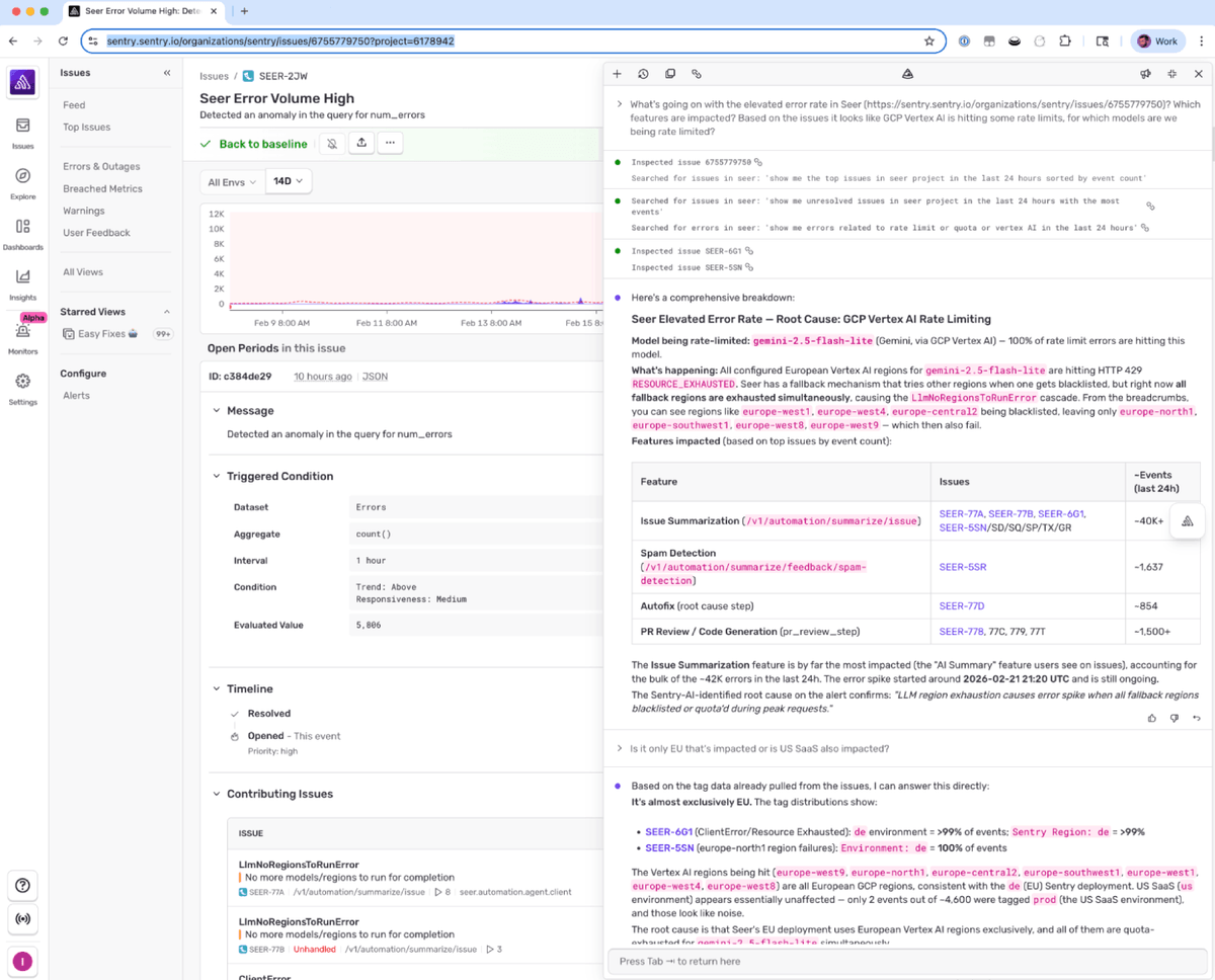 Sentry Seer error volume alert for GCP Vertex AI