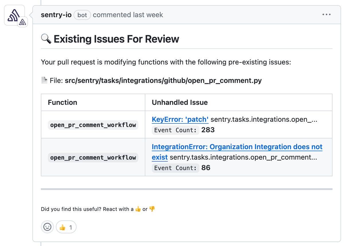 GitHub PR comment from sentry-io bot listing existing unhandled issues in modified files with event counts