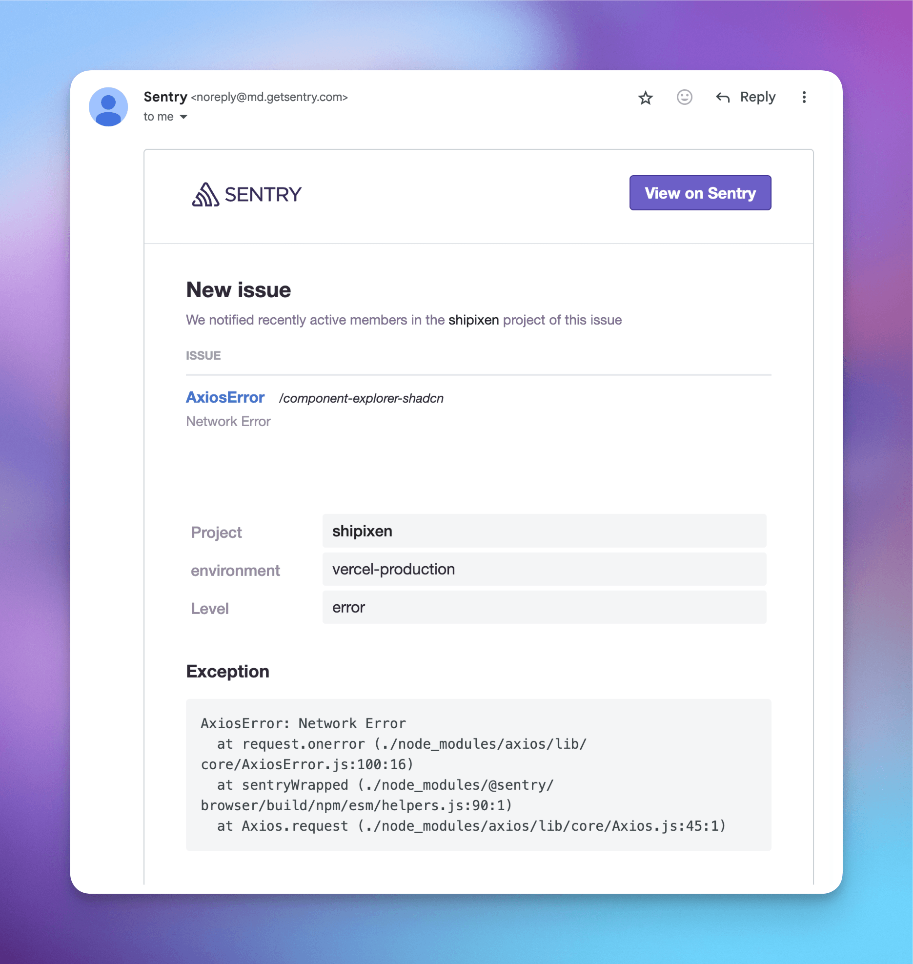 Email of new issue from Sentry