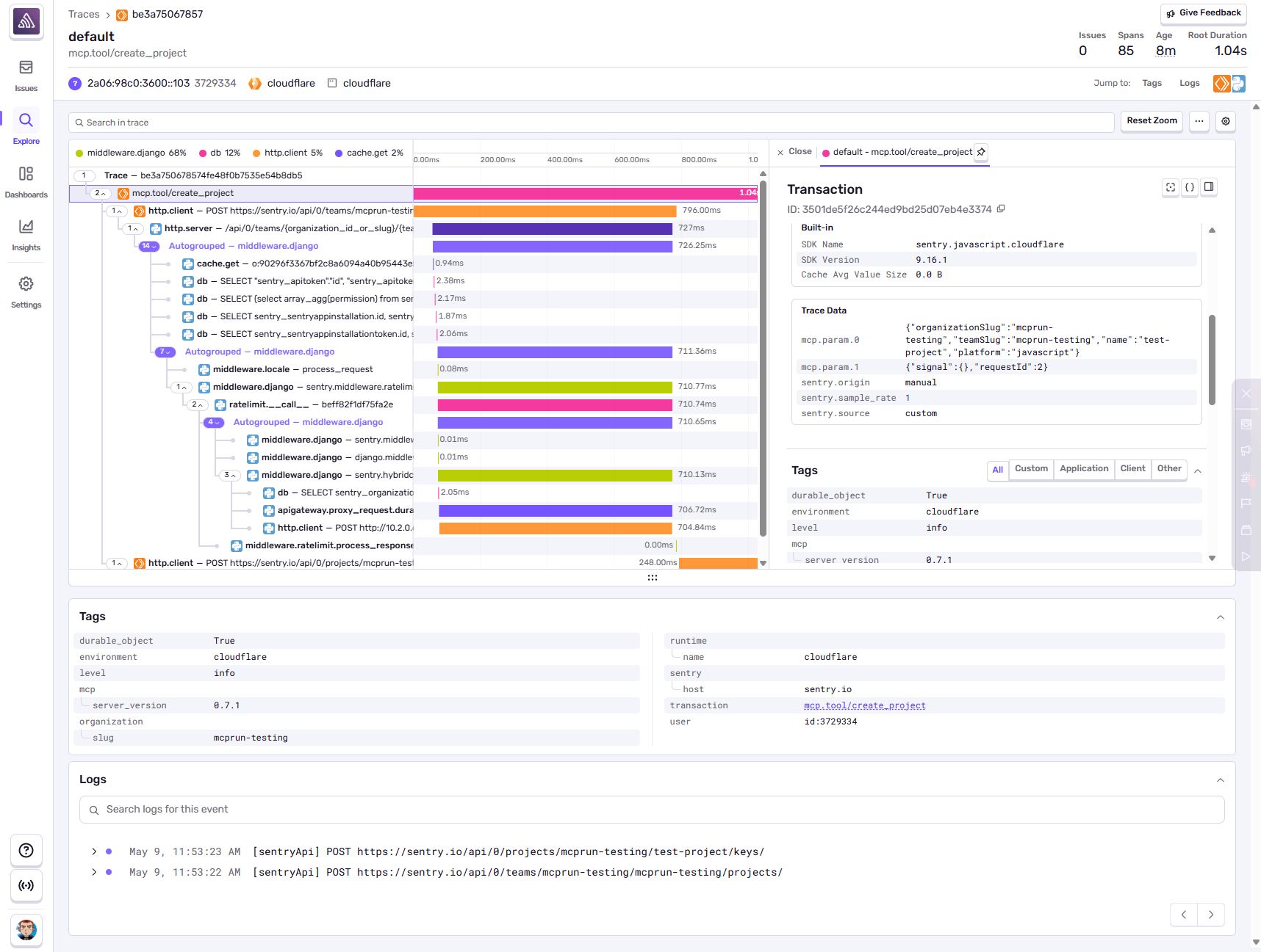 Screenshot from Sentry showing the Tracing view of a specific trace for an MCP project