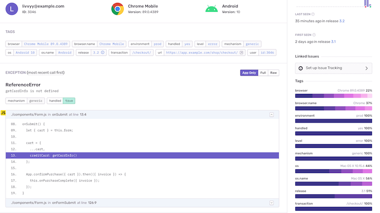Issue details page showing the source of the issue.