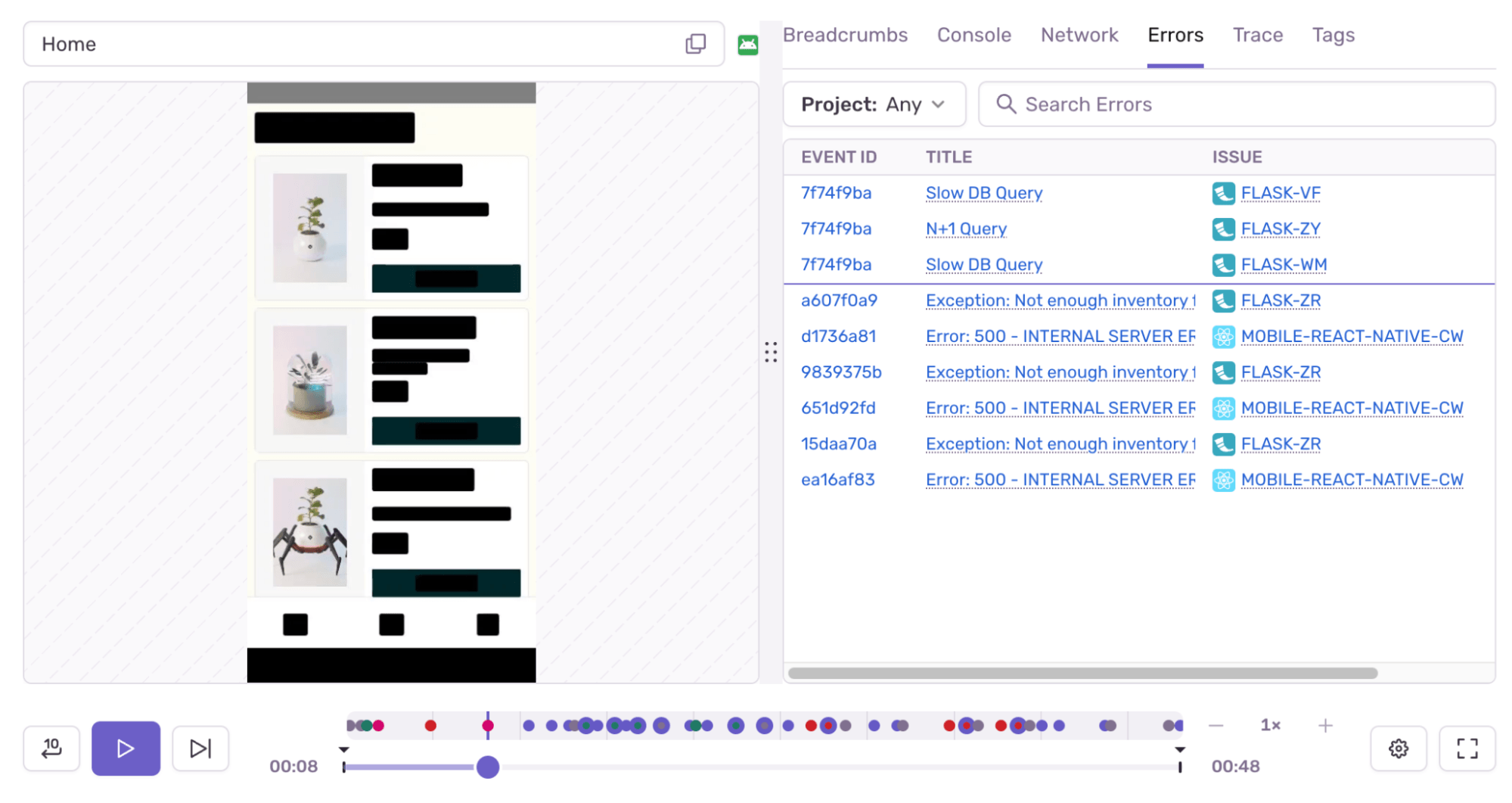 Session Replay for Mobile view in Sentry with the video-like reproduction of the application on the left, a timeline of errors and events on the bottom, and a list of Errors and their respective Sentry projects (e.g. Flask, React Native) on the right.