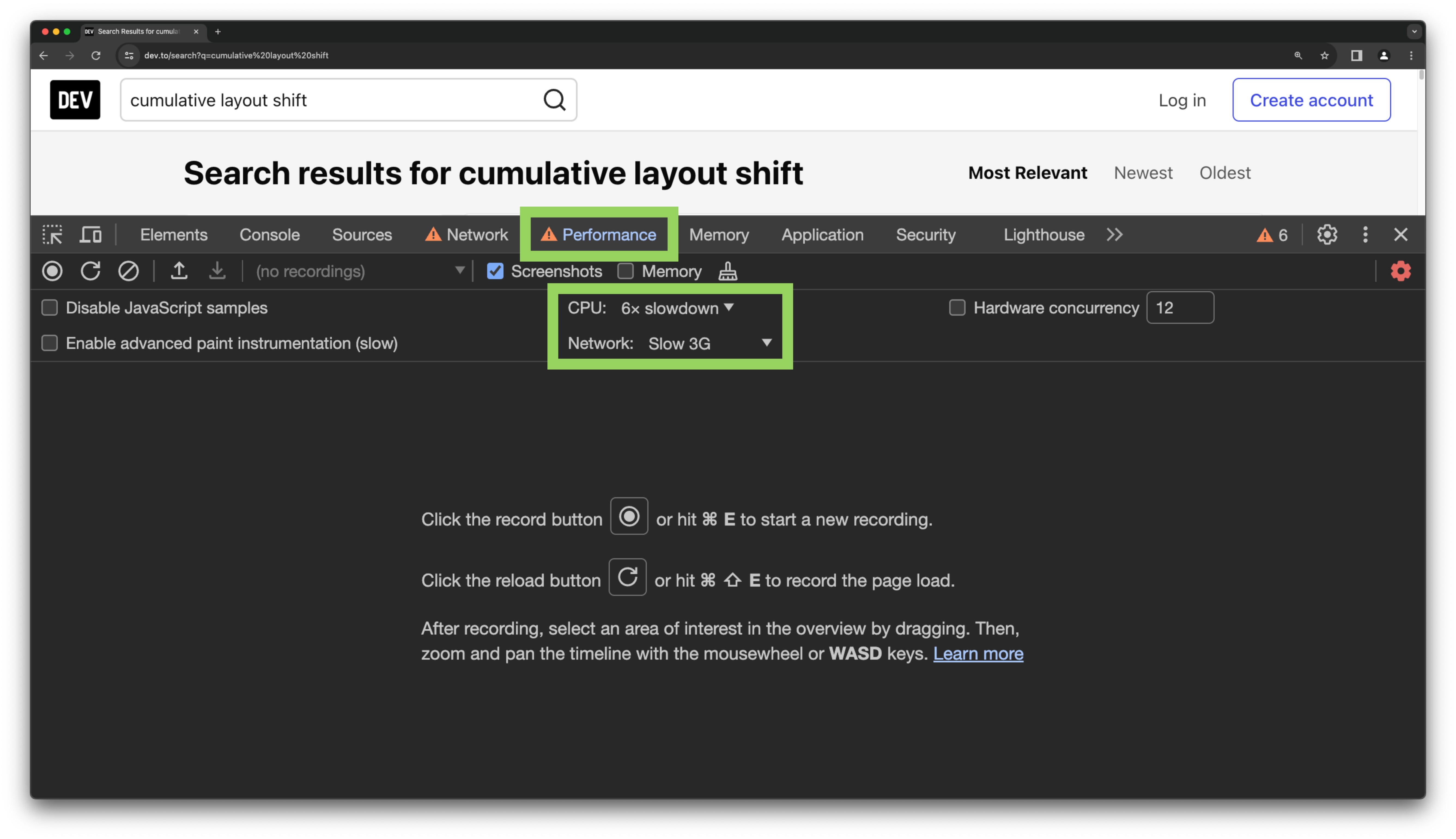 Chrome DevTools Performance tab with CPU and network throttling settings highlighted