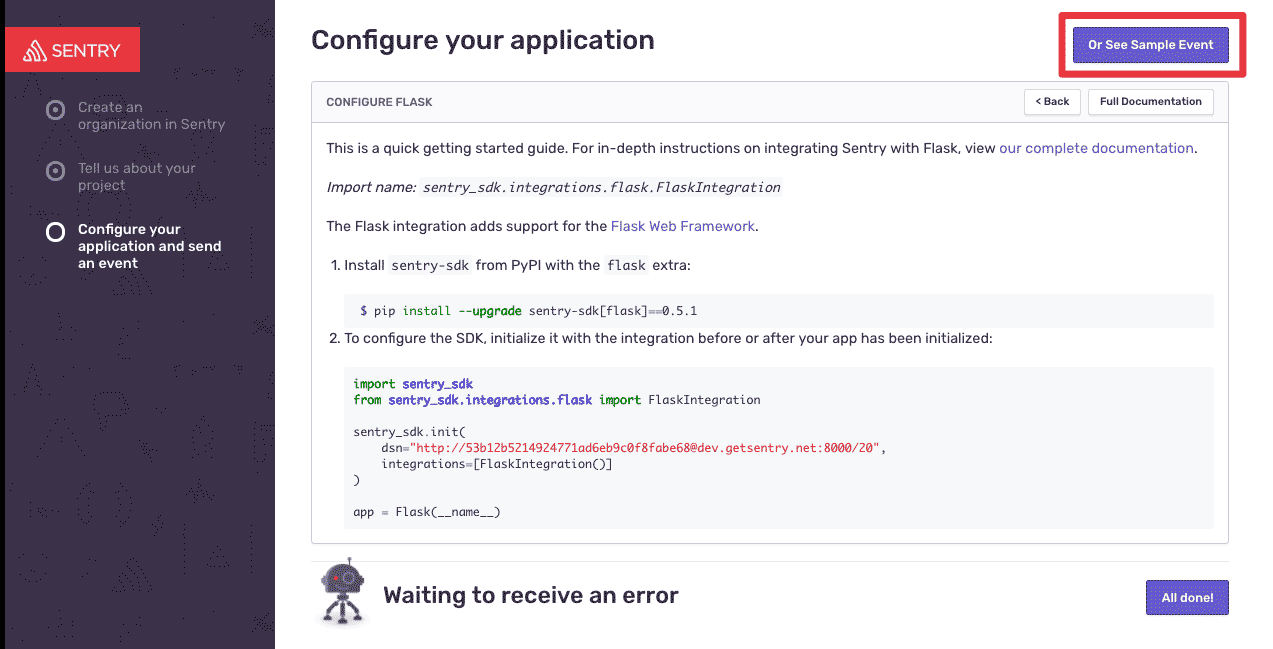 Sentry onboarding page with a prominent "Or See Sample Event" button highlighted in the top right