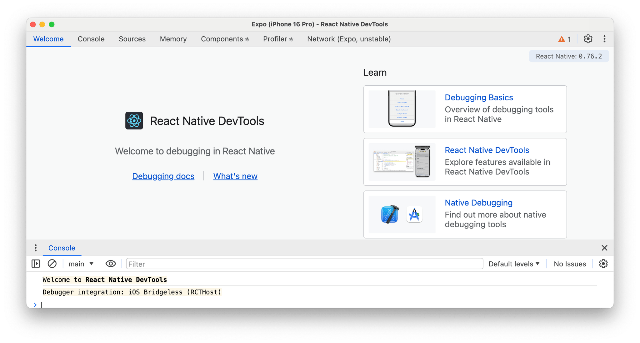 React Native new DevTools window, similar to web debugging tools