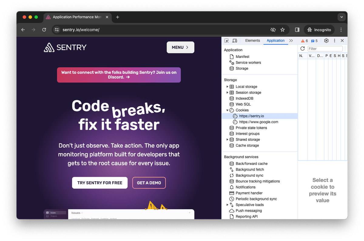 Chrome DevTools Application tab showing cookies on the Sentry website with browser storage panel